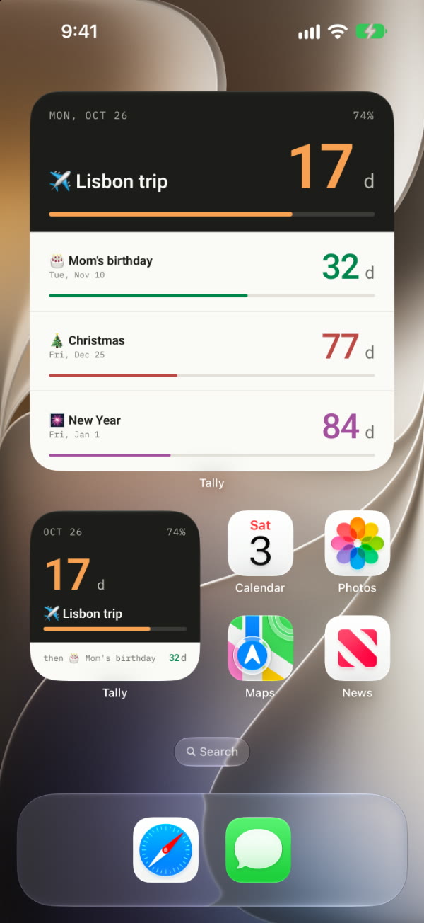 Tally widgets on the Home Screen